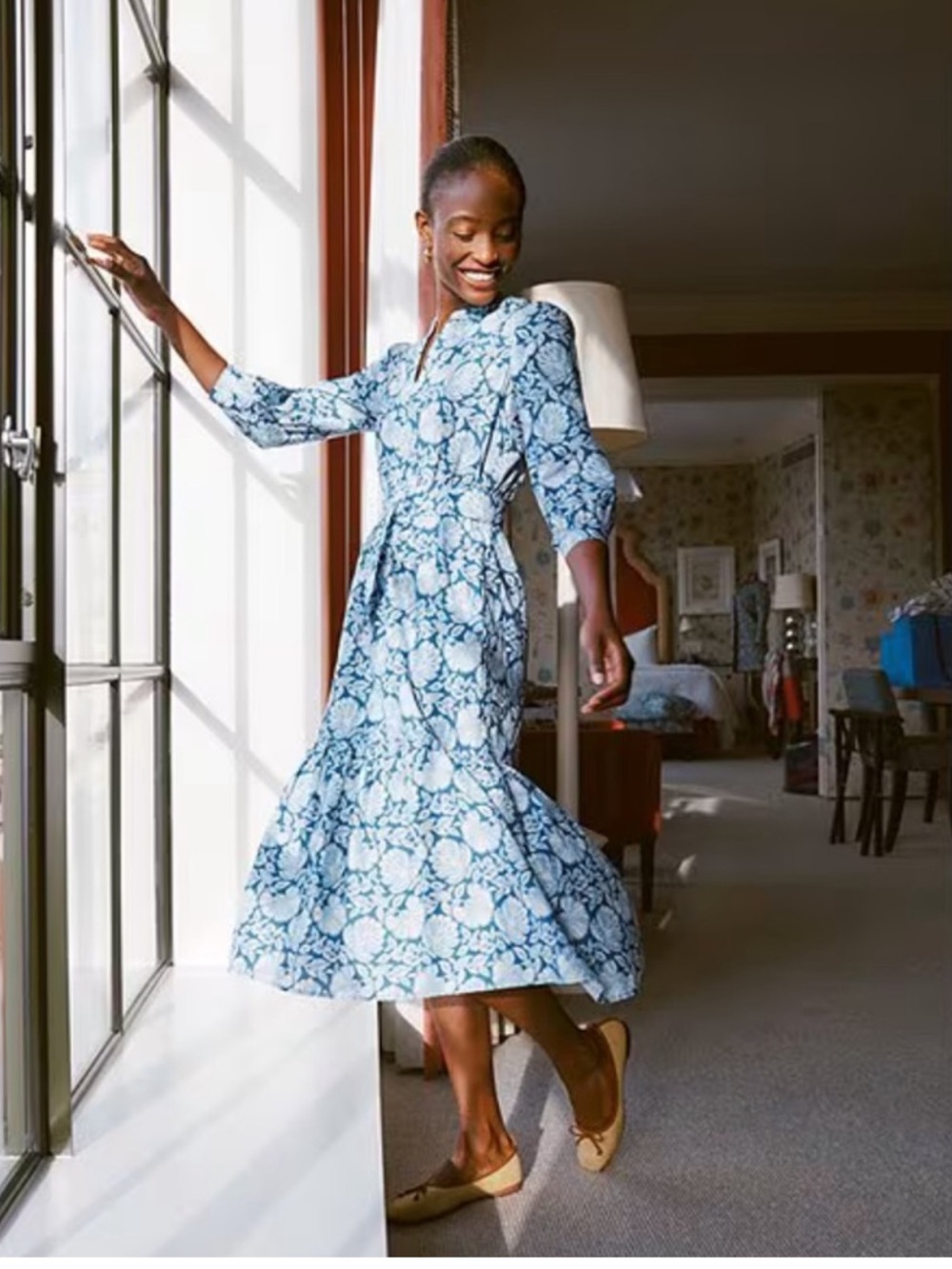 NWT J.McLaughlin Silk Cotton Floral Round Split V-Neck 3/4 Bishop Sleeve Dress - Picture 3 of 12